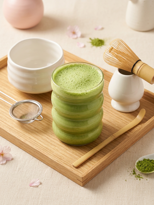 Kit matcha en situation sur plateau en bois