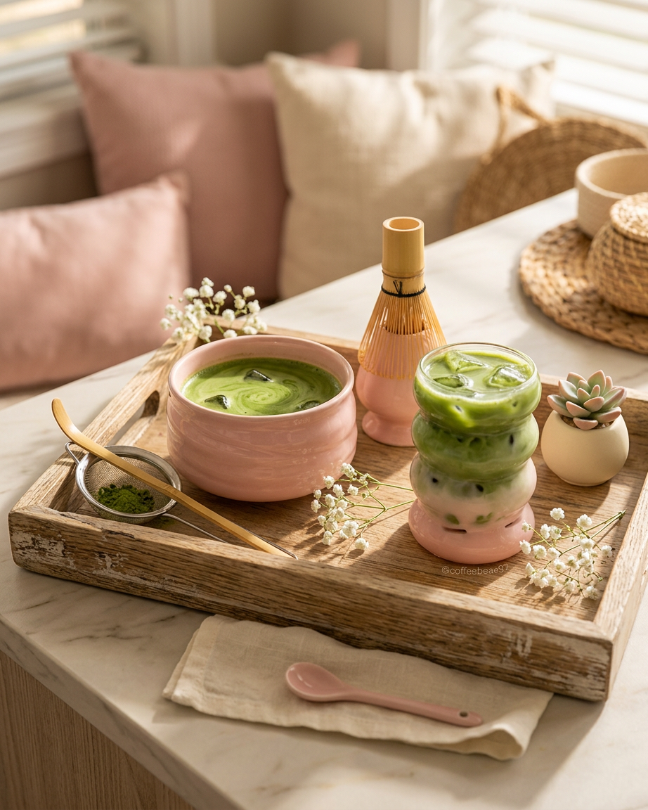 Plateau lifestyle avec matcha chaud et glacé sur fond rose