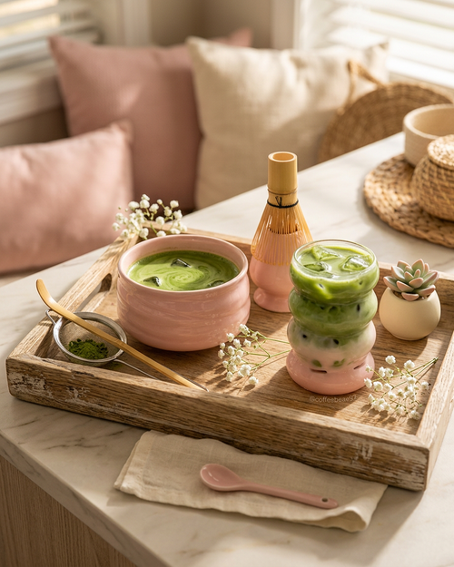 Plateau lifestyle avec matcha chaud et glacé sur fond rose