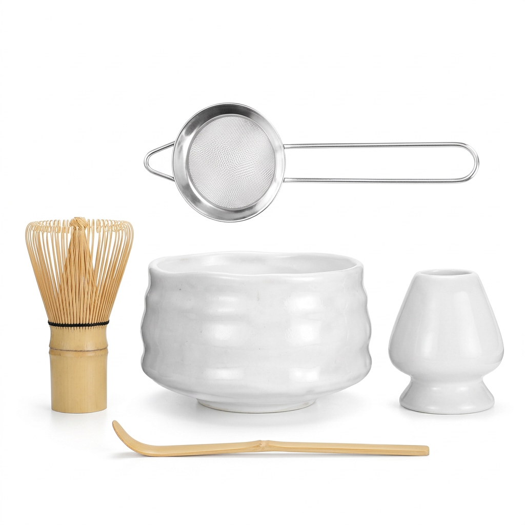 Kit matcha blanc complet posé sur fond blanc
